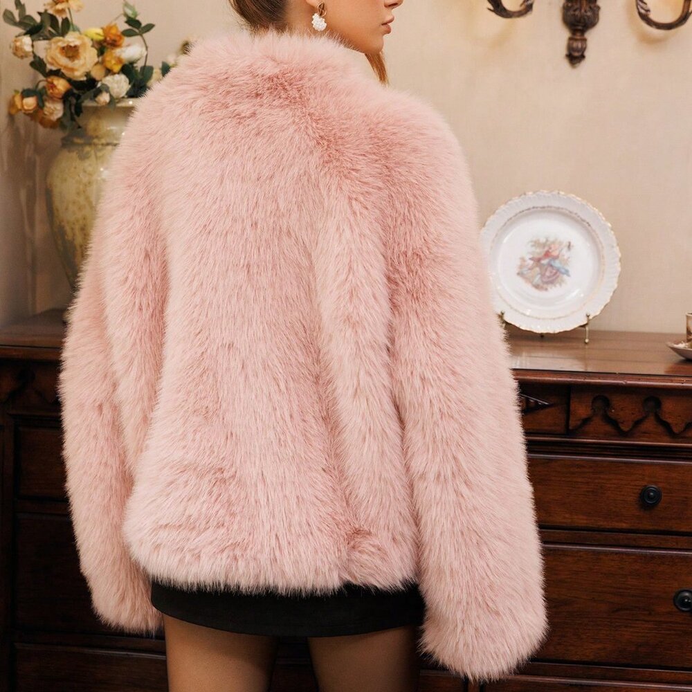 Pink Women's Elegant Button Faux Fur Jacket Cozy Clothes - Picture 2 of 8